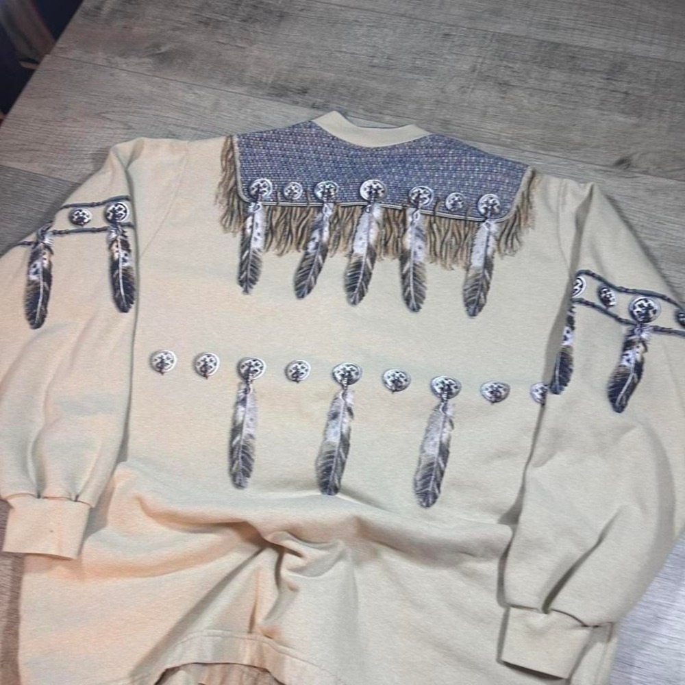 Vintage 90s tribal tan and blue western button up women's cardigan sweatshirt - Picture 6 of 7